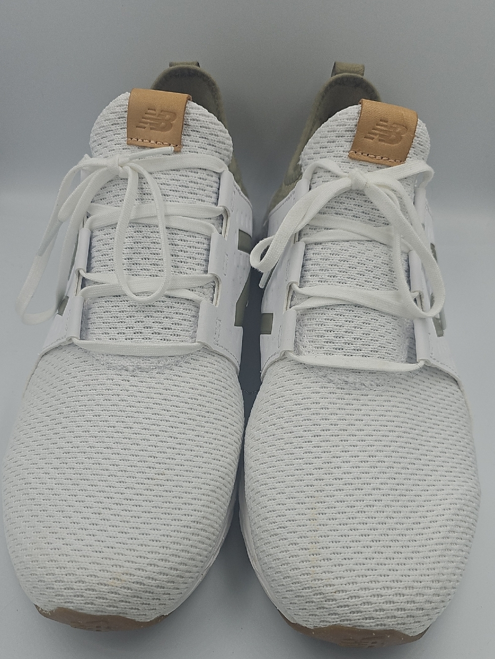 Mens New Balance White/Soft Olive Sneakers with Tan Heel Tabs